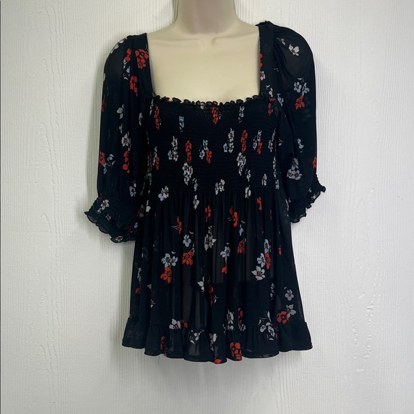 Free People - Delta Dawn Midnight Combo Colorful Floral Mesh Blouse SZ Medium - Picture 2 of 10